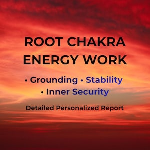 Może przedstawiać: Cyfrowa grafika z tłem przedstawiającym żywy czerwony i pomarańczowy zachód słońca oraz czarny i niebieski tekst: ROOT CHAKRA ENERGY WORK, Grounding, Stability, Inner Security, Detailed Personalized Report.