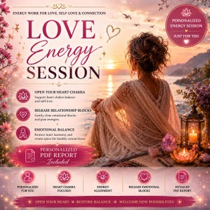 May include: A digital flyer for a Love Energy Session featuring text that reads: Love Energy Session, Open Your Heart Chakra, Release Relationship Blocks, Emotional Balance, and Personalized PDF Report Included. The image shows a person facing a sunset.