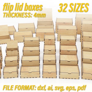 Cajas con tapas abatibles archivos vectoriales para materiales de 4 mm de espesor cortados con láser archivos digitales dxf, ai, pdf, svg, eps - bisagra, Glowforge