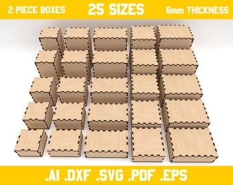 2 piece boxes - vector files for laser cut - 6mm thickness materials - digital files - dxf, ai, pdf, svg, eps - glowforce, organizer