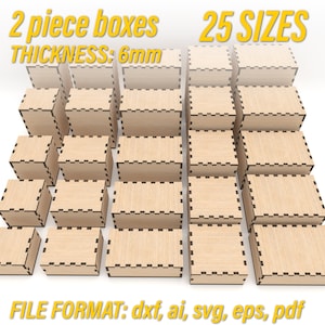 May include: 25 different sizes of 2-piece boxes made from wood. The boxes are 6mm thick and are shown stacked in a row. The file format for the design is dxf, ai, svg, eps, and pdf.
