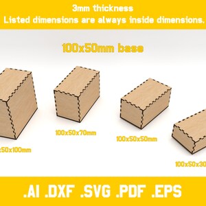two piece boxes for laser cut 3mm material 20 different dimensions svg, ai, dxf, pdf, eps digital vector files glowforge ready zdjęcie 5