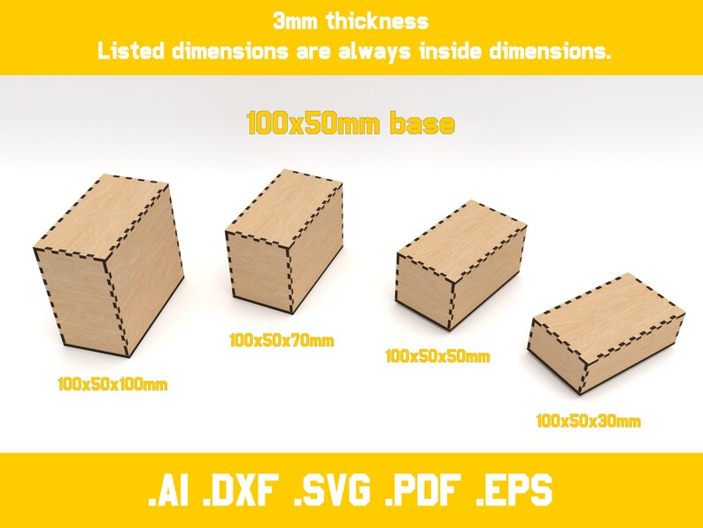 Laser cut 2 piece boxes for 3mm material 20 different dimensions svg, ai, dxf, pdf, eps digital vector files zdjęcie 5
