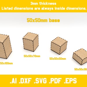 two piece boxes for laser cut 3mm material 20 different dimensions svg, ai, dxf, pdf, eps digital vector files glowforge ready zdjęcie 3