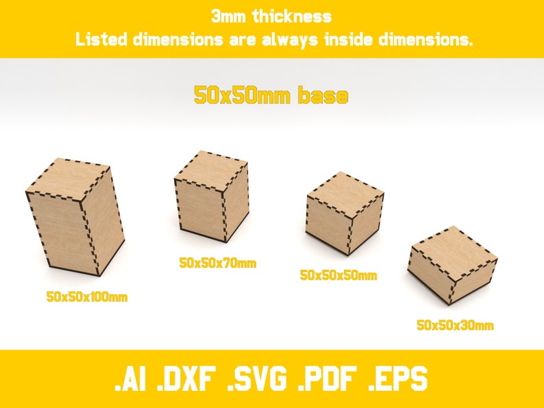 two piece boxes for laser cut 3mm material 20 different dimensions svg, ai, dxf, pdf, eps digital vector files glowforge ready zdjęcie 3