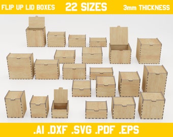 Boxes with flip up lids - vector files for laser cut - 3mm thickness materials - digital files - dxf, ai, pdf, svg, eps - hinge, glowforce