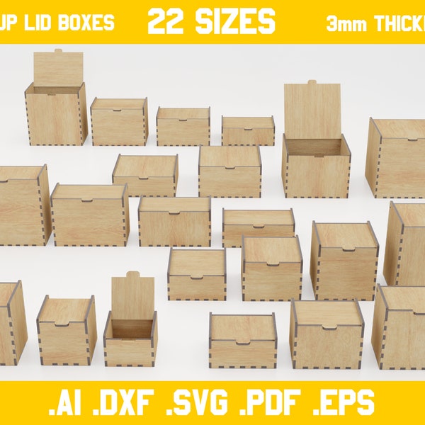 Boxes with lids vector files for laser cutting - 3mm thickness materials - 22 templates bundle in dxf, ai, pdf, svg, eps - glowforce ready