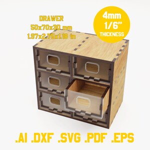 May include: A wooden miniature drawer unit with six drawers, one drawer is open. The unit is made of light brown wood with clear acrylic drawer fronts. The text "DRAWER" and dimensions 1.97x2.75x1.18 in are visible. The thickness is 1/6 inch. File formats .AI .DXF .SVG .PDF .EPS are listed.