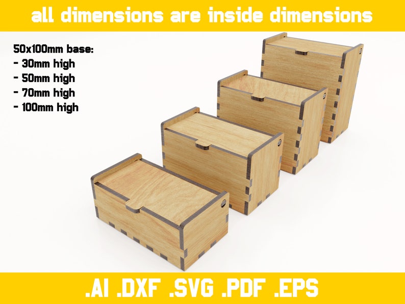 Cajas con tapas abatibles archivos vectoriales para corte láser materiales de 4 mm de espesor archivos digitales dxf, ai, pdf, svg, eps bisagra, Glowforce imagen 4