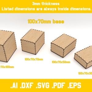 two piece boxes for laser cut 3mm material 20 different dimensions svg, ai, dxf, pdf, eps digital vector files glowforge ready zdjęcie 6