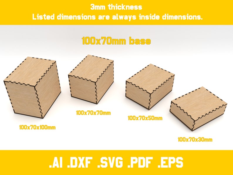 Laser cut 2 piece boxes for 3mm material 20 different dimensions svg, ai, dxf, pdf, eps digital vector files zdjęcie 6