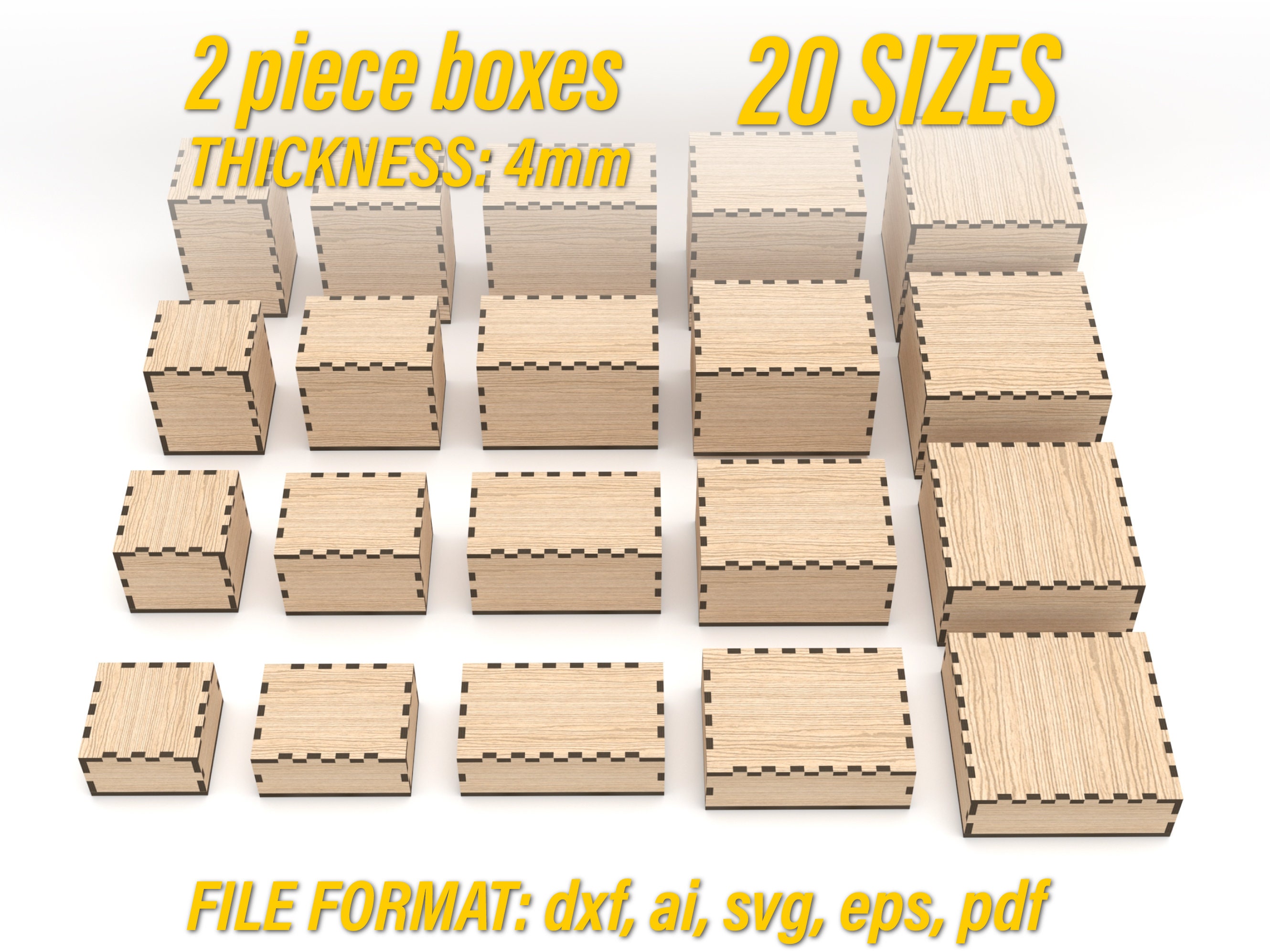 Two Piece Boxes Templates for Laser Cut - 4mm Material - 20 Dimensions ...