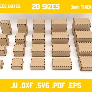 two piece boxes for laser cut 3mm material 20 different dimensions svg, ai, dxf, pdf, eps digital vector files glowforge ready zdjęcie 1