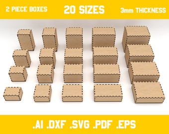 Laser cut 2 piece boxes for 3mm material - 20 different dimensions - svg, ai, dxf, pdf, eps digital vector files