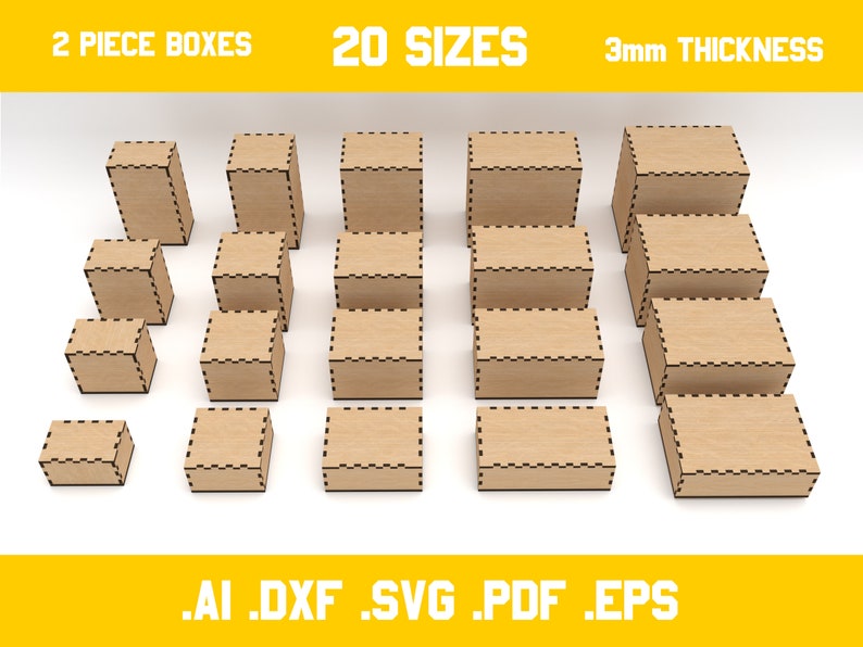 two piece boxes for laser cut 3mm material 20 different dimensions svg, ai, dxf, pdf, eps digital vector files glowforge ready zdjęcie 1