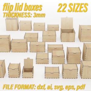 Boxes with flip up lids  vector files for laser cut 3mm thickness materials digital files dxf, ai, pdf, svg, eps - hinge, glowforge