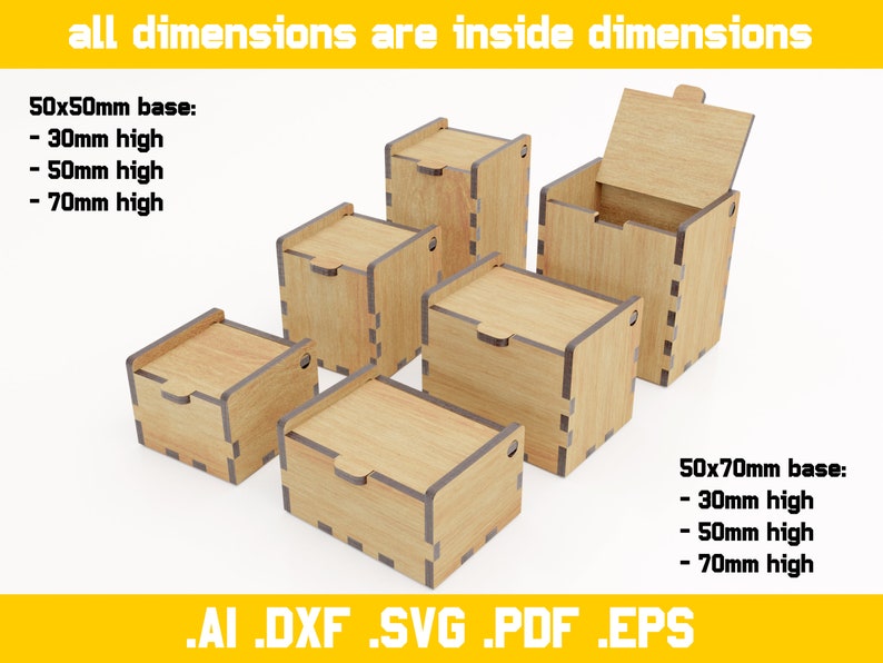 Cajas con tapas abatibles archivos vectoriales para corte láser materiales de 4 mm de espesor archivos digitales dxf, ai, pdf, svg, eps bisagra, Glowforce imagen 3