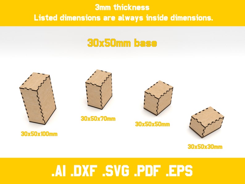 two piece boxes for laser cut 3mm material 20 different dimensions svg, ai, dxf, pdf, eps digital vector files glowforge ready zdjęcie 2