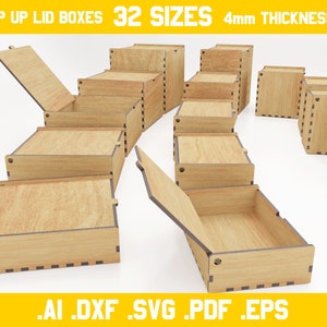 Boxes with flip up lids vector files for laser cut 4mm thickness materials digital files dxf, ai, pdf, svg, eps hinge, glowforce zdjęcie 2