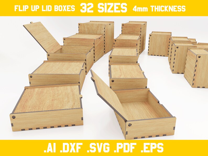 Boxes with flip up lids vector files for laser cut 4mm thickness materials digital files dxf, ai, pdf, svg, eps hinge, glowforce zdjęcie 2