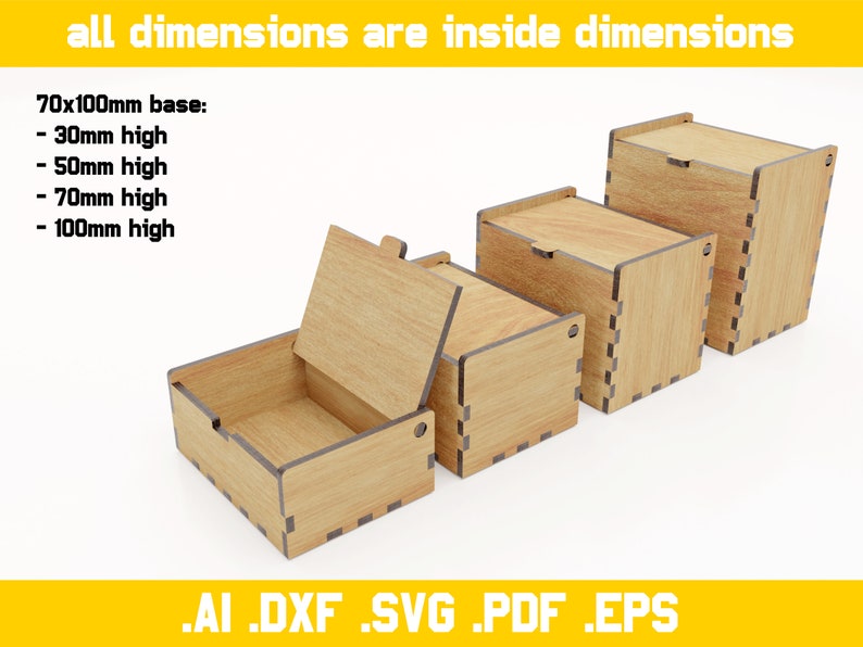 Boxes with flip up lids vector files for laser cut 4mm thickness materials digital files dxf, ai, pdf, svg, eps hinge, glowforce zdjęcie 6