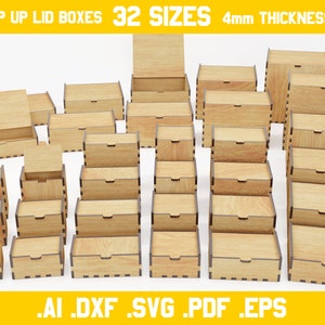 Boxes with flip up lids - vector files for laser cut - 4mm thickness materials - digital files - dxf, ai, pdf, svg, eps - hinge, glowforce