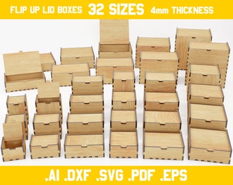 Boxes with flip up lids - vector files for laser cut - 4mm thickness materials - digital files - dxf, ai, pdf, svg, eps - hinge, glowforce