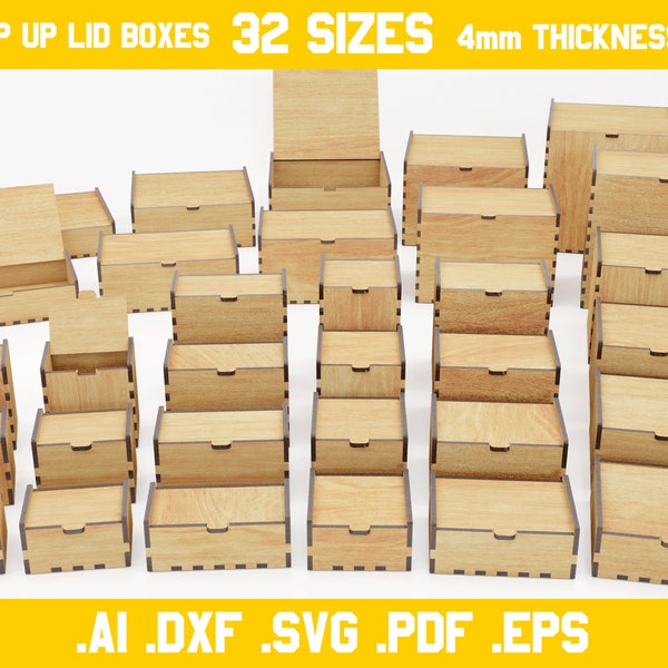 Boxes with flip up lids - vector files for laser cut - 4mm thickness materials - digital files - dxf, ai, pdf, svg, eps - hinge, glowforge