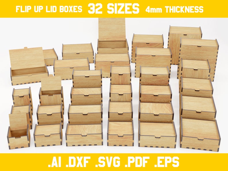 Boxes with flip up lids vector files for laser cut 4mm thickness materials digital files dxf, ai, pdf, svg, eps hinge, glowforce zdjęcie 1