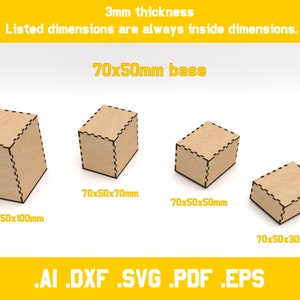 two piece boxes for laser cut 3mm material 20 different dimensions svg, ai, dxf, pdf, eps digital vector files glowforge ready zdjęcie 4