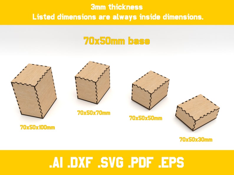 two piece boxes for laser cut 3mm material 20 different dimensions svg, ai, dxf, pdf, eps digital vector files glowforge ready zdjęcie 4