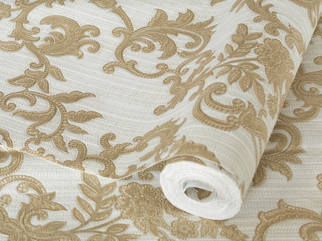 Luxury Gold Damask Embossed Wallpaper, 3D Textured Striped Wallpaper