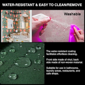 K&ouml;nnte beinhalten: Ein gr&uuml;ner Stoff mit Wassertropfen darauf. Der Text lautet "Die wasserabweisende Beschichtung erm&ouml;glicht eine m&uuml;helose Reinigung. Vorderseite aus Vinyl, R&uuml;ckseite aus Vliesstoff. Geeignet f&uuml;r den Einsatz in Badezimmern, Waschk&uuml;chen, Restaurants und Caf&eacute;s."