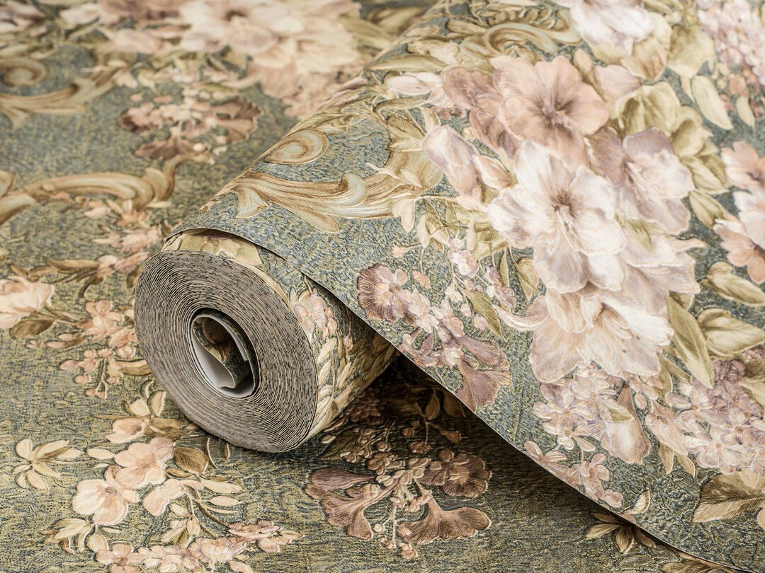Luxury Victorian Green Flowers Wallpaper, 3D Floral Textured Wallpaper