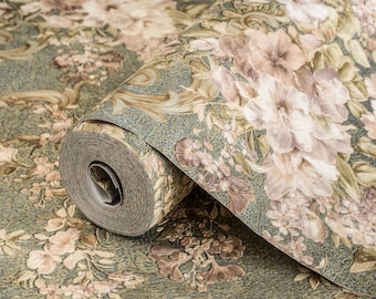 Luxury Victorian Green Flowers Wallpaper, 3D Floral Textured Wallpaper, Decorative Modern Wallcovering, Deep Embossed, Non-Adhesive Non-Peal