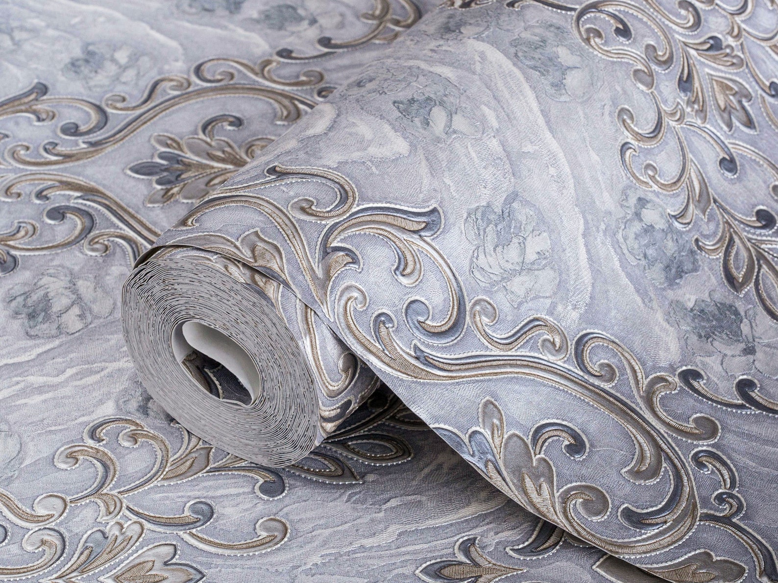 Luxury Damask Blue Gold Wallpaper, 3D Textured Victorian Wallpaper ...
