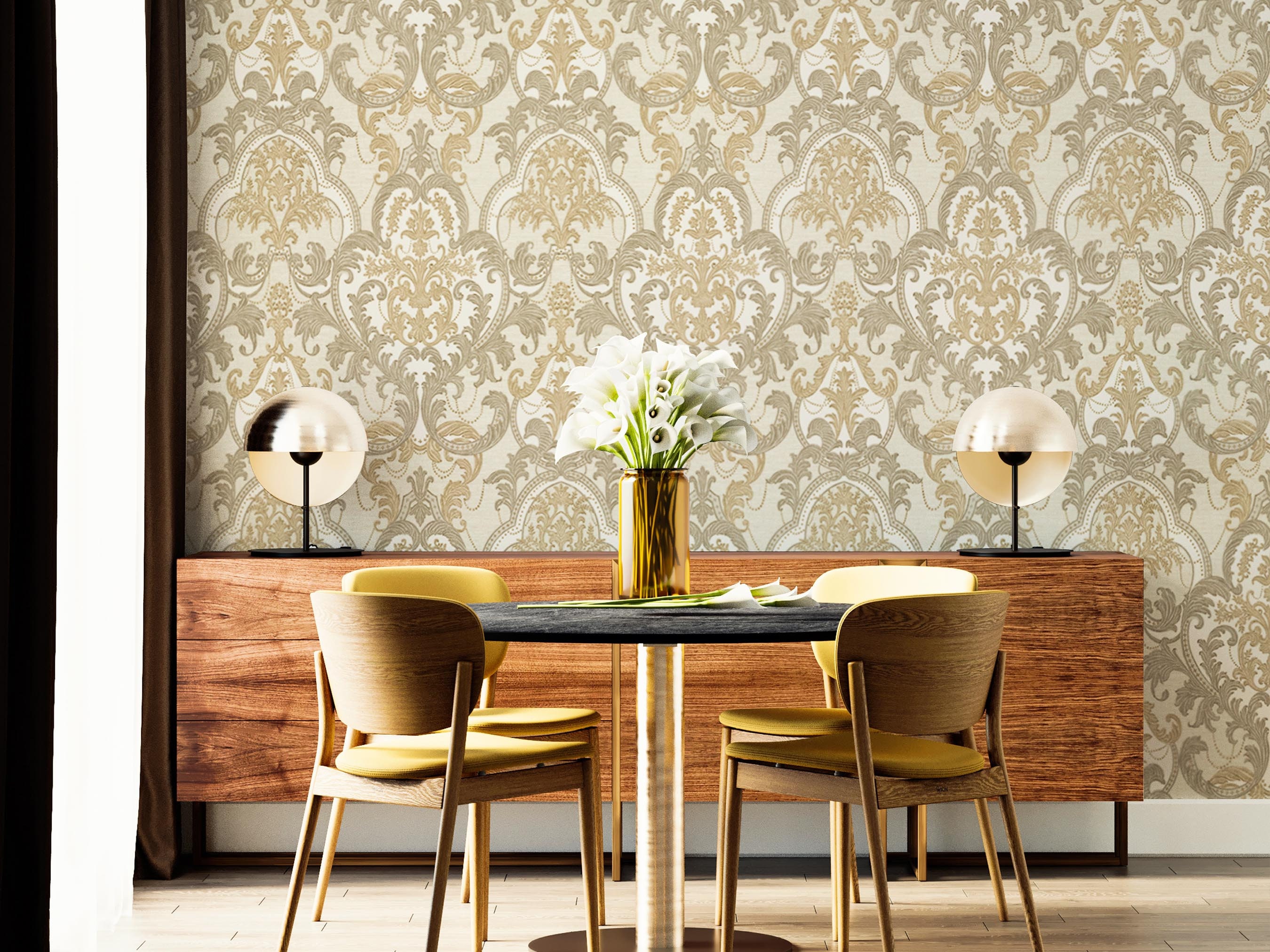 Luxury Damask Cream Gold Wallpaper, 3D Textured Victorian Wallpaper ...