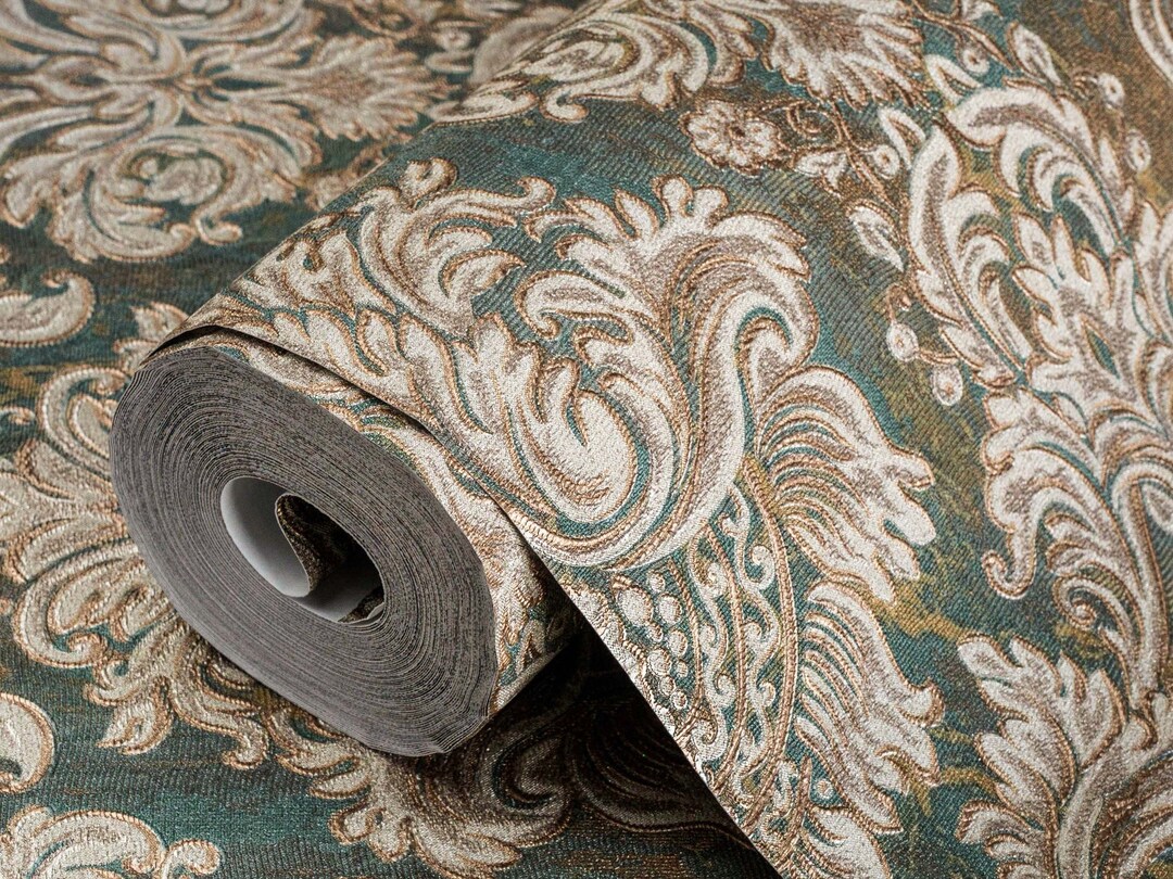 Victorian Damask Green Cream Wallpaper, 3D Textured Wallpaper