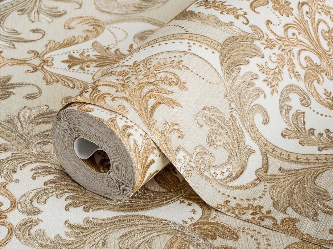 Luxury Damask Cream Gold Wallpaper, 3D Textured Victorian Wallpaper