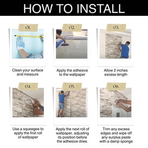 K&ouml;nnte beinhalten: Eine sechsstufige Anleitung zum Anbringen von Steinoptik-Tapete. Die Schritte umfassen das Reinigen der Oberfl&auml;che, das Auftragen von Klebstoff, das Zulassen von &uuml;bersch&uuml;ssiger L&auml;nge, die Verwendung eines Abziehers, das Anbringen der n&auml;chsten Rolle und das Abschneiden &uuml;bersch&uuml;ssiger Kanten.