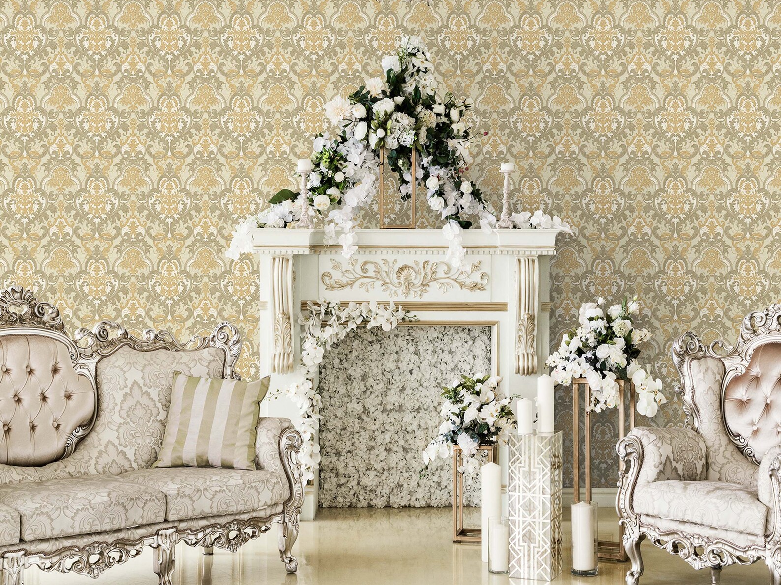 Luxury Damask Cream Gold Wallpaper, 3D Textured Victorian Wallpaper ...