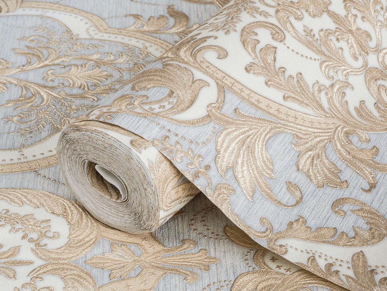 Luxury Damask Gray Gold Wallpaper, 3D Textured Victorian Wallpaper