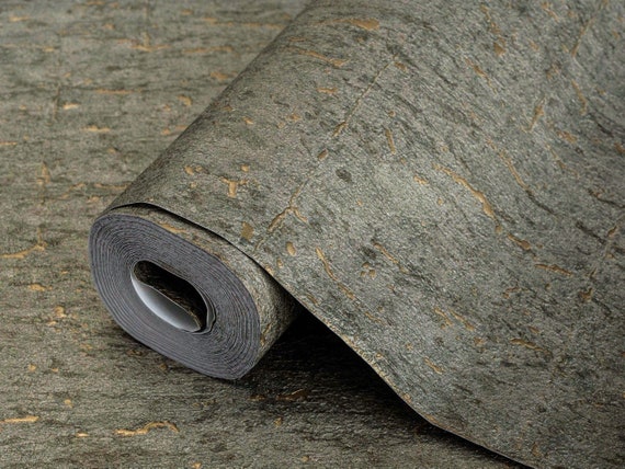 Modern Cork 3D Embossed Wallpaper, Wood Textured Wallpaper, Dark Green Shiny Decorative Wallcovering, Large 393 inches Roll, Store Wallpaper