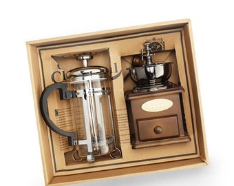 Hand-Kaffeemühle und Cafetiere Plundger Geschenkset, Vintage / Retro / Classic Handmühle für Kaffeeliebhaber Weihnachts- / Geburtstagsgeschenk