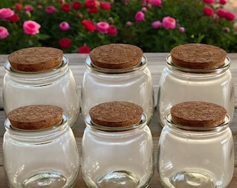 6 x Reusable 300ml Glass Jars with Cork Lids - Six Food Storage, Candle Making, Spice, Herb, Jam, Yoghurt, Dried Fruit Containers