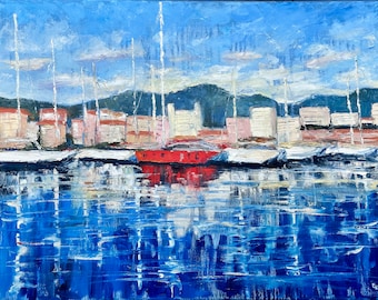 Original Sailboats Oil Painting: Marina Seascape Impasto Art (22x28)