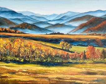 Smoky Mountains Fall Landscape Oil Painting: Palette Knife Artwork (12x16 inch)