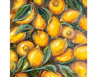 Obraz cytrynowy Oryginalny olejny obraz ścienny Rozciągnięte płótno 14 x 14 cali przez ElenaFloArtShop