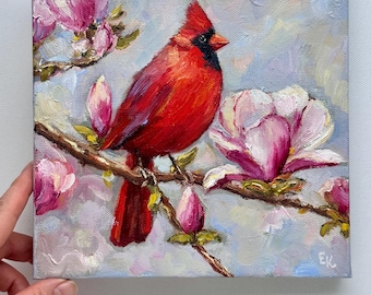 Cardinal Bird Oil Painting, Magnolia Blossom, 8x8 Impressionist Canvas Art