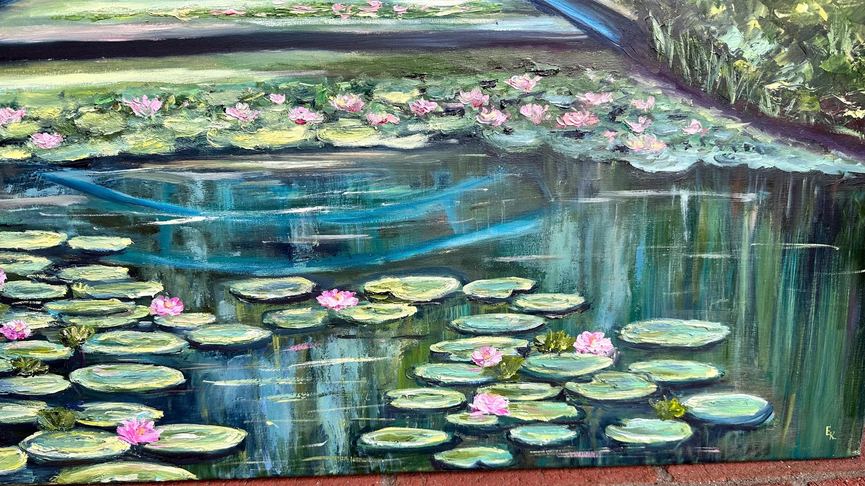 睡蓮の池の絵画 モネの橋 オリジナルアートワーク キャンバスに手描き